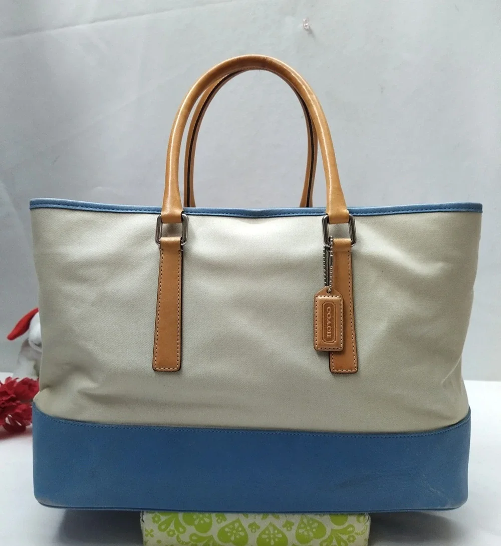 Coach Off White Canvas Leather Trim Double Handles Tote Bag - Vintage
